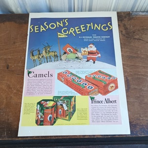 Vintage Weihnachten Werbekunst Santa Claus Cigarette Ad 1935 Seasons Greetings RJ Reynolds Camels & Prince Albert bw Colgate Ad Ephemera