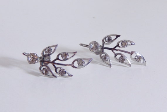 Vintage Earrings Silver Rhinestone Drop Leaf Earr… - image 2