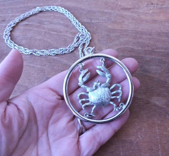 Vintage Necklace Large Round Zodiac Cancer Crab C… - image 2