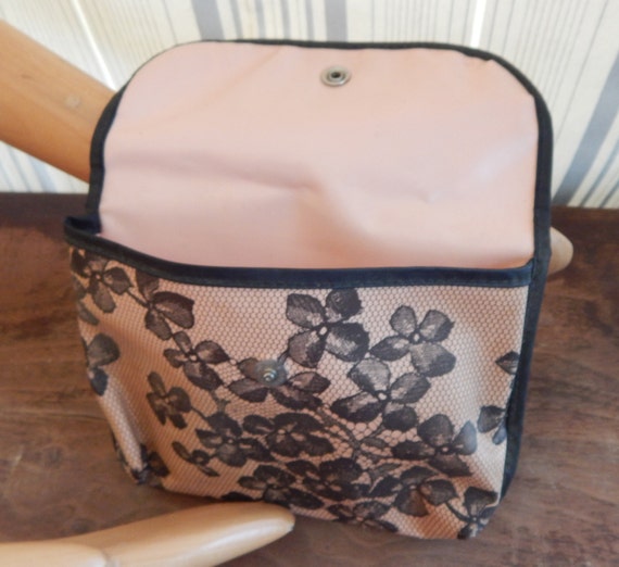 Vintage Makeup Bag Peach Pink & Black Lace Flower… - image 2