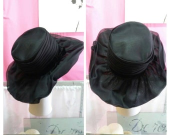 Vintage Black Wide Brim Hat Sheer Nylon Black Velvet Bow Kentucky Derby Union Label Mid Century Fashion Formal Millinery Fancy Statement Hat