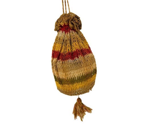 Antique Crochet Purse Drawstring Crocheted Tassel Edwardian Handbag Handmade Bag Ecru