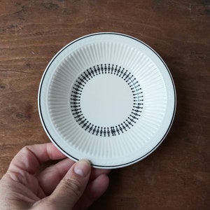 以下が含まれることがあります： 縁に黒と白の幾何学模様が施された白い陶器の受け皿。受け皿の内側には、フルーテッドのデザインが施されています。