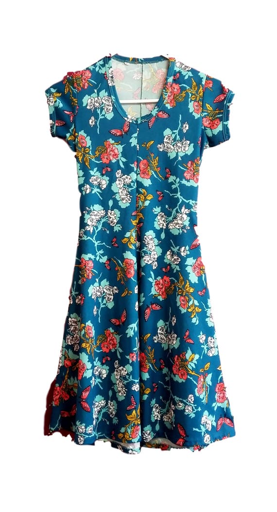 Vintage Dress Deep Teal w Bright Red Flowers & But