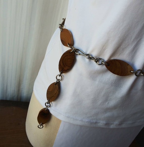 Vintage Belt Oval Wood & Chain Link Belt 60's 70'… - image 3