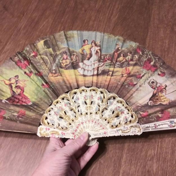 Vintage Hand Fan Ornate Fabric Folding Fan Flamenco Gypsy Fire Ornate Metallic Gold & Flowers Handle 50's Mid Century Fashion or Decor