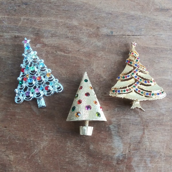 Vintage Brooch PICK From Christmas Tree Pins Silver & Gold Rhinestone Trees 50's 60's Mid Century Fashion Jewelry CoroCraft Light Up Pin