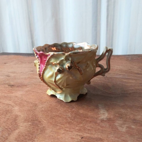 Vintage Tiny Tea Cup Pastel Yellow w Flowers Red Pink Accent Gold Inside Decorative Little Miniature Teacup 40's 50's Home Decor Tea Party