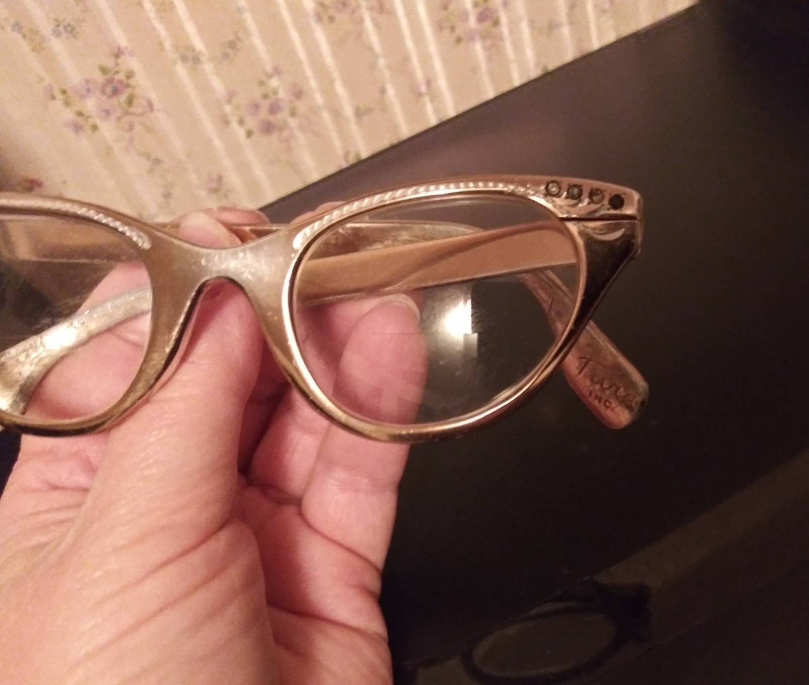 Vintage 1950s Cat‎ Eye Glasses Horn Rimmed Rhinestone USA Made Vintage 1950s Rhinestone Studded Eyeglass Frames Silver and  main image 4