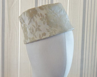 Vintage Hat Brocade Soft Pillbox Ivory w Pumpkin Lining 60's Mid Century Fashion Headwear Millinery