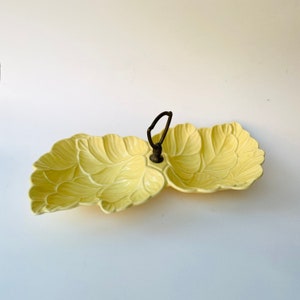 Vintage California Pottery Yellow Nut Dish Made in USA Number 72 Glazed Ceramic Candy Divided Double Leaf with metal handle