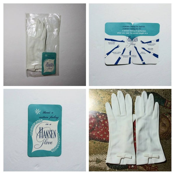 Vintage Gloves Hansen White Formal Gloves w Wrist Bows and Original Tag 50's 60's Mid Century Fashion Accessory