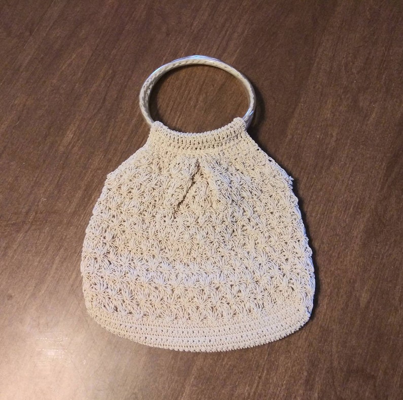 Vintage Purse Macrame Knit Handbag 90's Does 70's Beige Off White Crochet with Circular Tube Handles 90's Bohemian Fashion Bag image 1