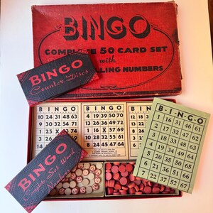 Vintage Bingo Game: J Pressman Red Box, Wood Numbers & Cards - Etsy