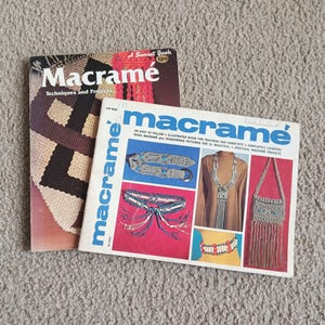 May include: Two softcover instructional books on macramé. The top book is titled Macramé Techniques and Projects. The bottom book is titled macramé and features illustrations of belts, a necklace, a choker, and a bag with fringe details.
