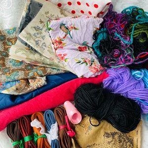 Lot of Vintage Fabric Scraps Remnants Trim and Yarn | Vintage Craft Lot | Polka dot fabric | Cotton ribbon