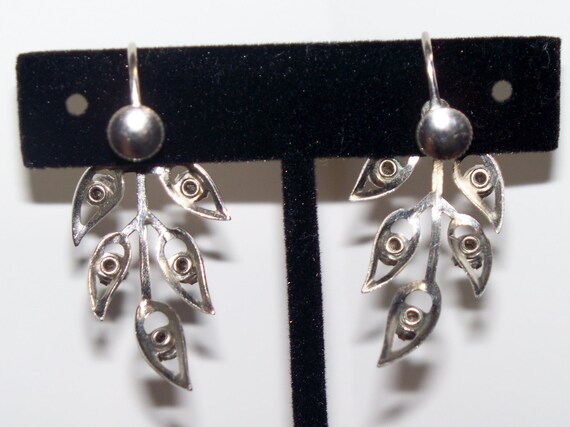 Vintage Earrings Silver Rhinestone Drop Leaf Earr… - image 4