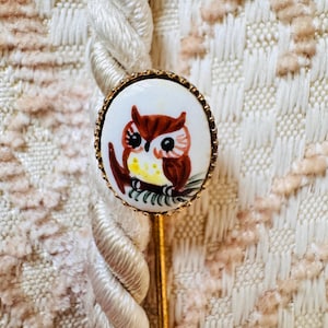 Vintage Owl Stick Pin: Gold Tone Metal Lapel Hat Pin
