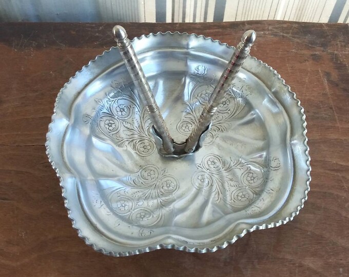 Vintage Nut Cracker Tool & Bowl Ornate Aluminum Bowl Ruffled Rim Etched