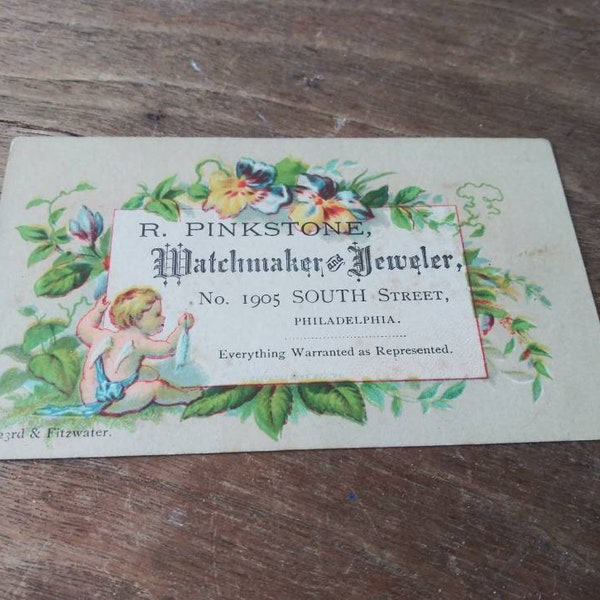 Antique Advertising Jewelry Trade Card R. Pinkstone Watchmaker & Jeweler Philadelphia Pansies Flowers Cherub Vintage Paper Ephemera Litho