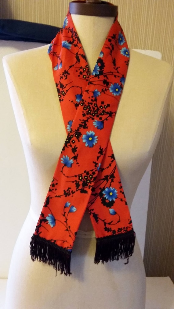 Vintage Scarf or Obi Belt Red Windsong Flower Sil… - image 2