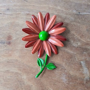 Vintage broche grote emaille bloem pin 60&#39;s mid century mode sieraden pompoen & limoen groen