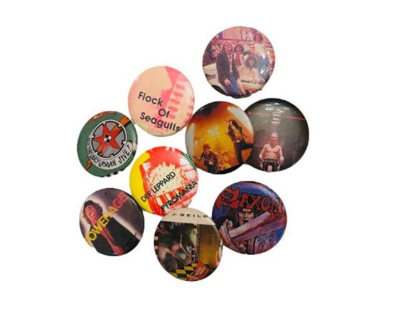 Vintage 80s 1.25 inch Button Pins sold separately Pinback Buttons 1980s Early 80s Album Cover Pins Rock Heavy Metal ACDC Saxon The Clash image 1