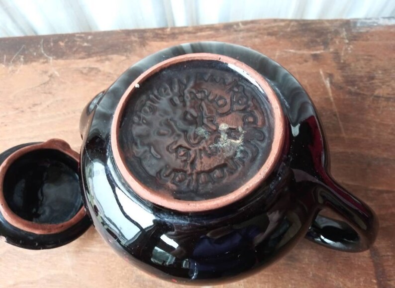 Vintage Brown Betty Teapot, Royal Canadian Art Pottery, Red Floral Design image 8