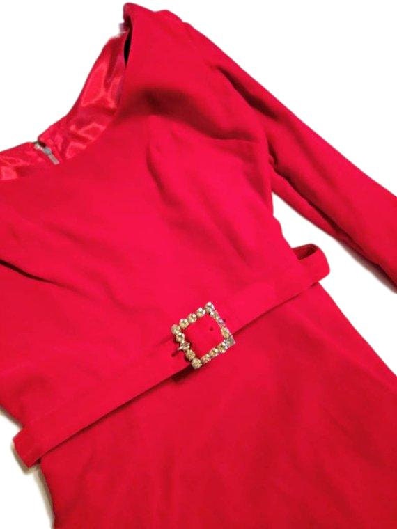 Vintage Red Velvet Dress w Rhinestone Belt Buckle… - image 3