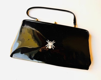 Vintage Black Patent Leather Spider Purse Goth Handbag Upcycled Witchy Rhinestone Spider Accent Evening Bag