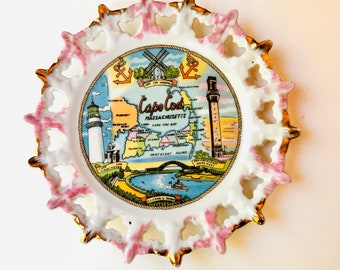 Vintage Souvenir Plate from Cape Cod Wall Decor Captains Wheel Made in Japan Gold Trim Keepsake