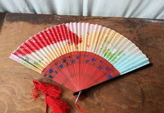 Vintage Hand Fan Bright Colorful Red Peacock Bird… - image 2