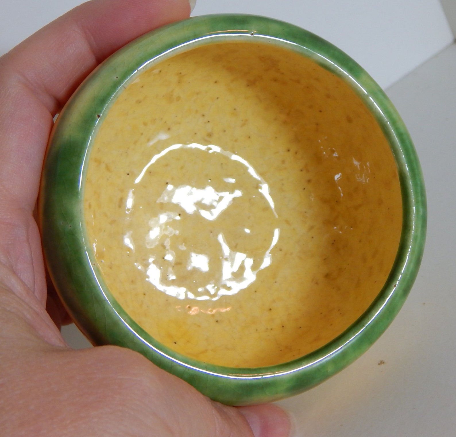 Vintage Yellow Pottery Bowl With Grass Green Rim Small Mid Etsy