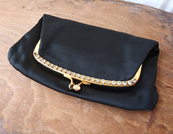 Vintage Purse Ingber Made in USA Black Satin Fabric Fold Over Clutch W Rhinestone Frame 50 s 60 s Mid Century Fashion Evening Bag Handbag Etsy