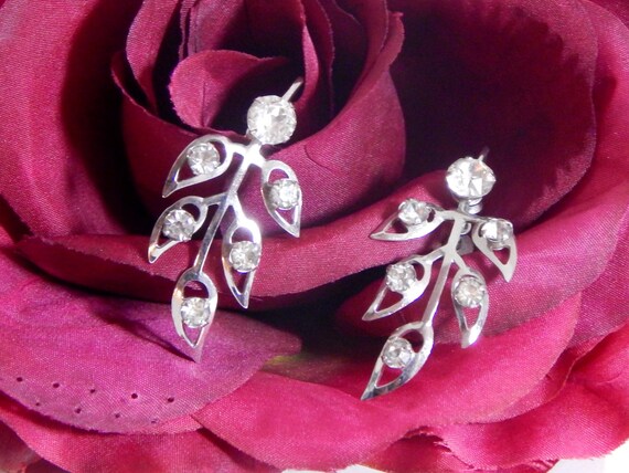 Vintage Earrings Silver Rhinestone Drop Leaf Earr… - image 5