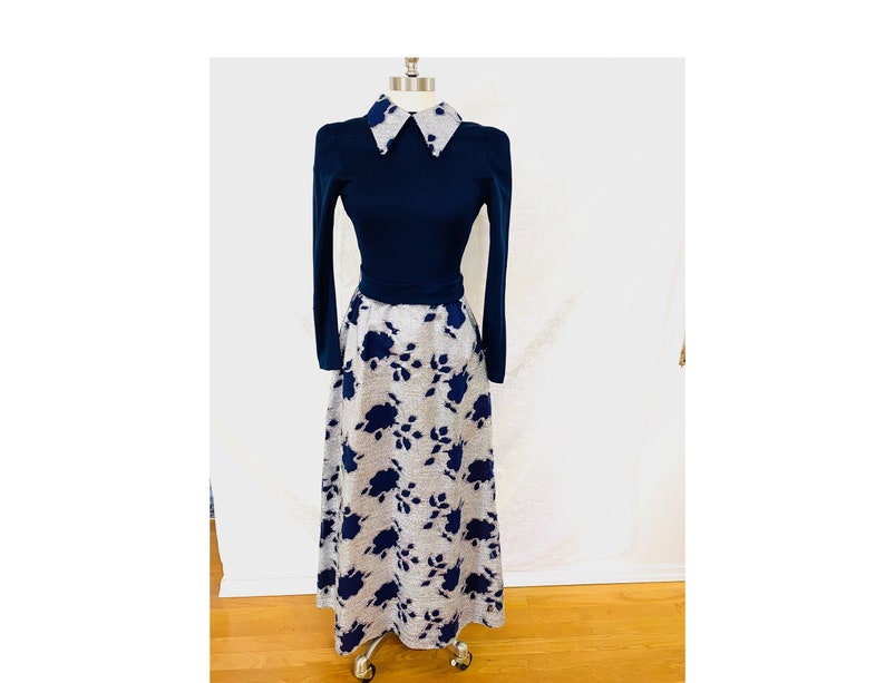 70s boho maxi dress Navy blue maxi dress silver metallic Lam\u00e9 skirt cutouts Vintage Maxi Dress for Women with Sleeves Silver Lam\u00e9