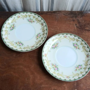 Pair of Vintage Saucers Green Gold Pink Floral Pattern M Japan 40&#39;s 50&#39;s Shabby Chic Decor Romantic China Porcelain Pottery Dishes