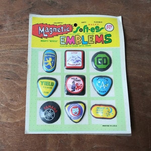 Vintage Magnetic Softees Mighty Mystic Emblems Fridge Magnets Yamaha Peugeot Annapurna Apollo Nasa Yamaha Jaguar GO 60's Mid Century Decor