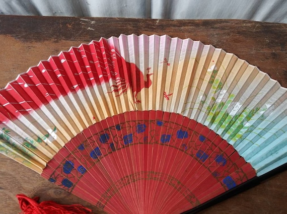 Vintage Hand Fan Bright Colorful Red Peacock Bird… - image 1