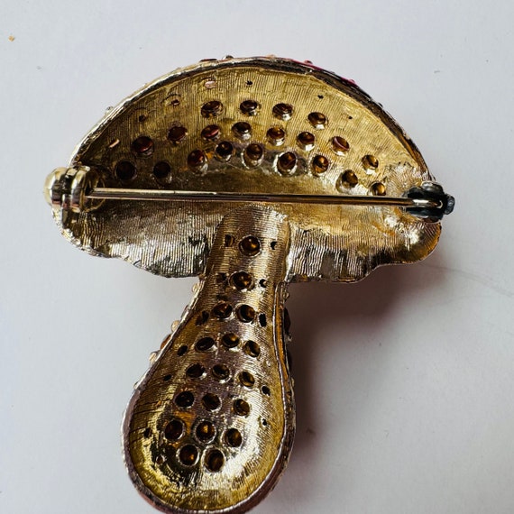 Vintage Rhinestone Mushroom Brooch Pin Gold Red R… - image 5