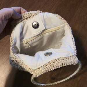 Vintage Purse Macrame Knit Handbag 90's Does 70's Beige Off White Crochet with Circular Tube Handles 90's Bohemian Fashion Bag image 6