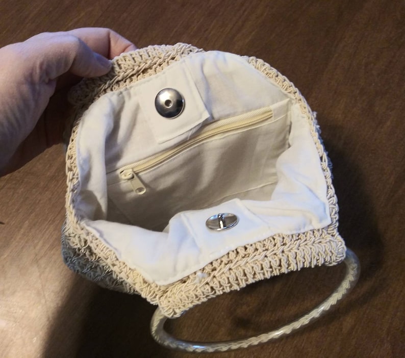 Vintage Purse Macrame Knit Handbag 90's Does 70's Beige Off White Crochet with Circular Tube Handles 90's Bohemian Fashion Bag image 6