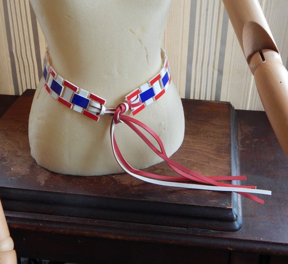 Vintage Belt Red White Blue Links with Vinyl Tie … - image 1