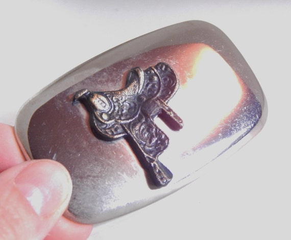 Vintage Belt Buckle Horse Saddle Nickel Silver w … - image 5