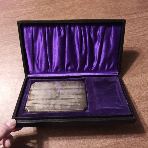 Antique Silver Plated Cigarette Case or Card Case in Black Box w Purple Velvet Lining 1920's Art Deco Fashion Accessory Vintage Tobacciana