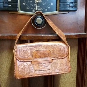 Vintage Purse Tooled Leather Mexican Handbag w Roses Rectangle Box 60&#39;s Mid Century Fashion Accessory Bohemian Hippie Southwestern