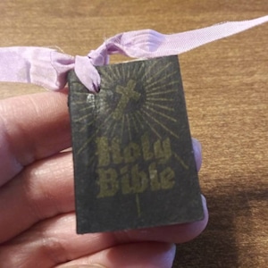 Vintage Tiny Holy Bible Black & Gold with Lilac Ribbon Small Religious Gift Pocket Bible Made in USA 40's 50's Mid Century Religion Book