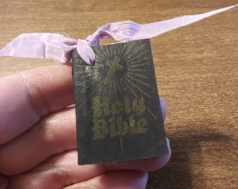 Vintage Tiny Holy Bible Black & Gold with Lilac Ribbon Small Religious Gift Pocket Bible Made in USA 40's 50's Mid Century Religion Book