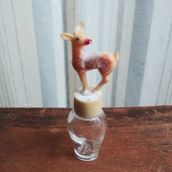 Vintage Tiny Perfume Bottle Rudolf the Red Nosed Reindeer Cologne Deer Cap 40's 50's Mid Century Vanity Cosmetics Fashion Christmas Decor