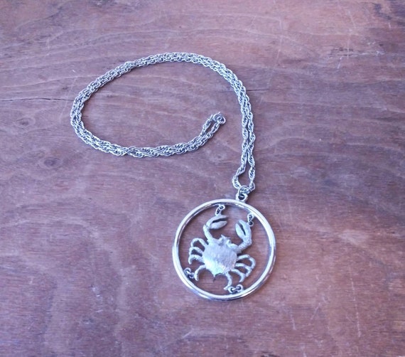 Vintage Necklace Large Round Zodiac Cancer Crab C… - image 1